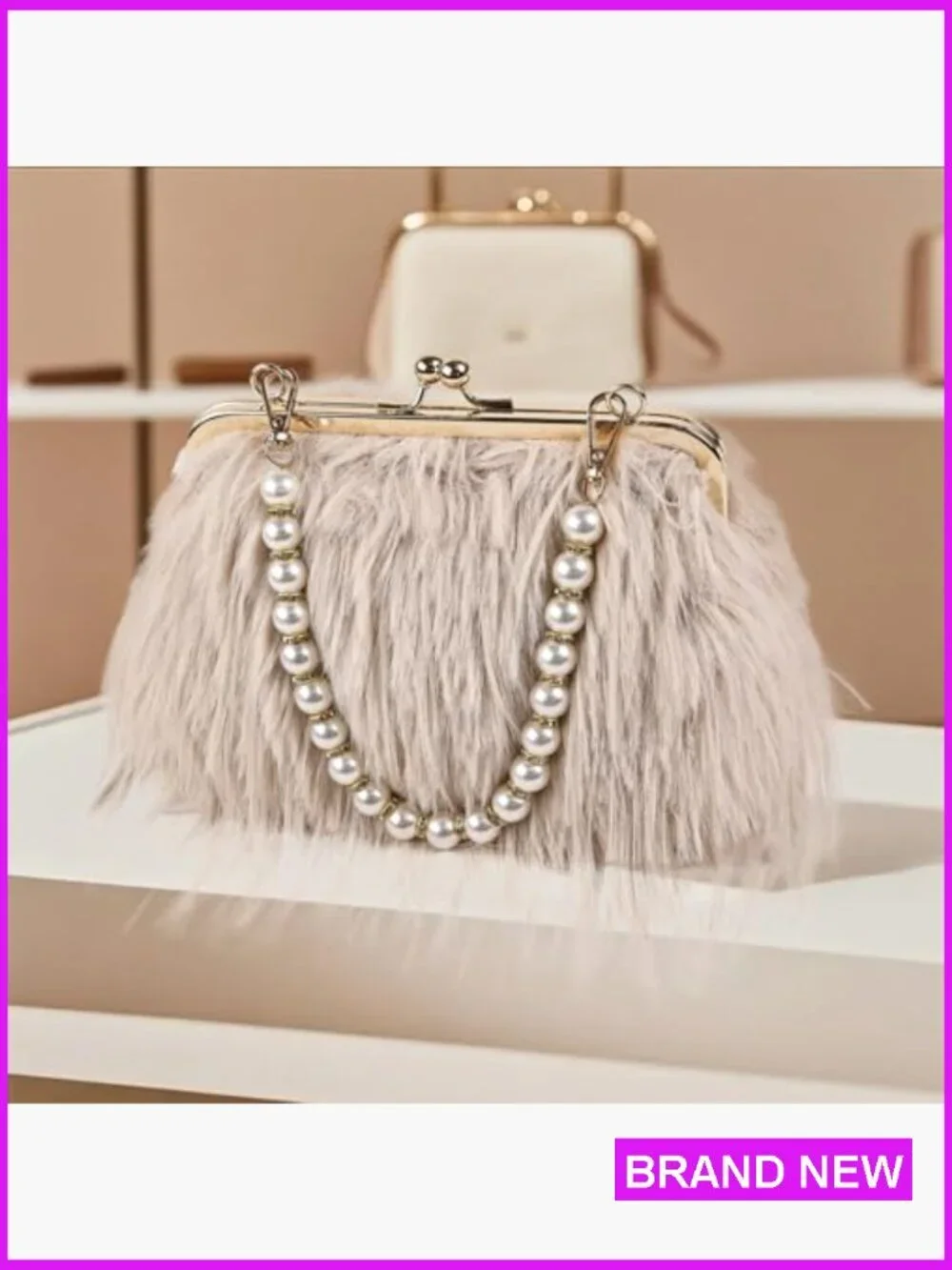 Feather Evening Clutch with Pearl Strap Crossbody Fluffy Bag Wedding Party Prom